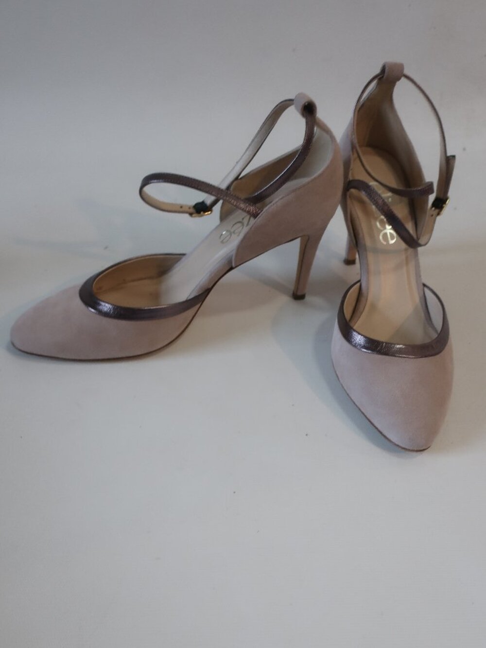 Elizee Beige Suede Metallic Leather d'Orsay Ankle Strap Heels Pump 38.5 US/7.5-8